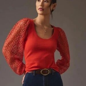 Anthropologie Maeve Lace Crochet Sleeve Ribbed Top Dark Orange Sz XS